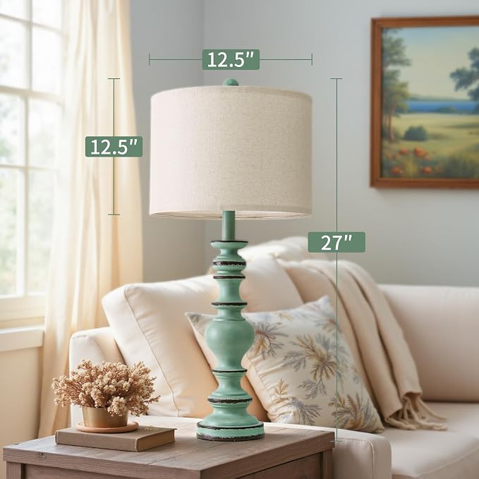 BOBOMOMO 27" Distressed Teal Table Lamps Set of 2, Large Coastal Farmhouse - Image 2