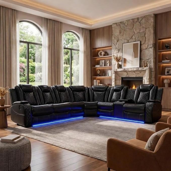Power Reclining Leather Sectional Couch by Unknown