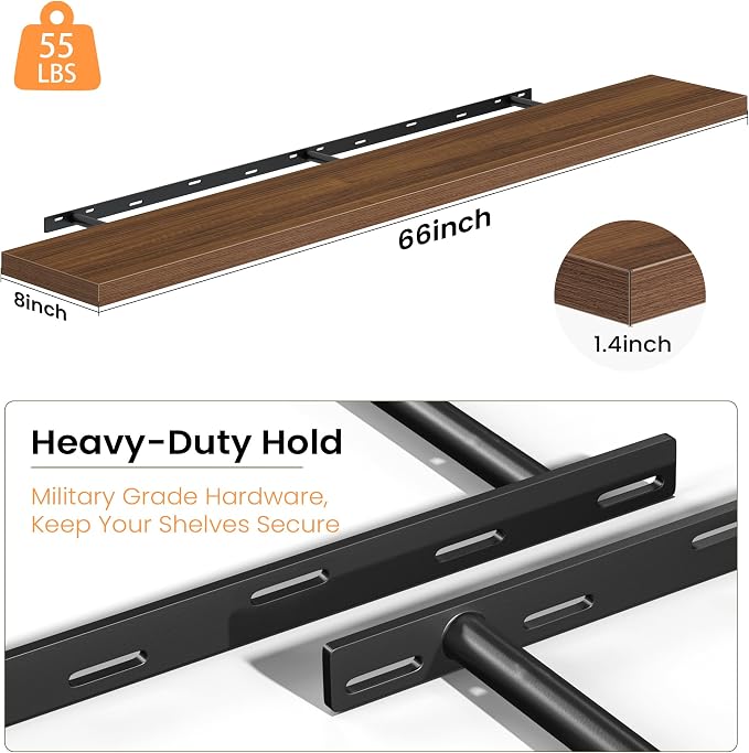 Fun Memories Floating Shelves for Wall, 66 Inch Long Set of 2 Rustic Wood Wall - Image 8