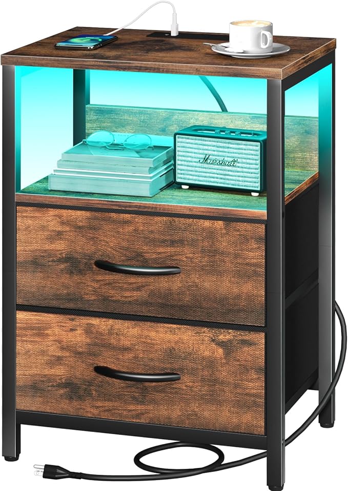 Yoobure Nightstand with Charging Station, LED Night Stand with Fabric Drawers by Yoobure