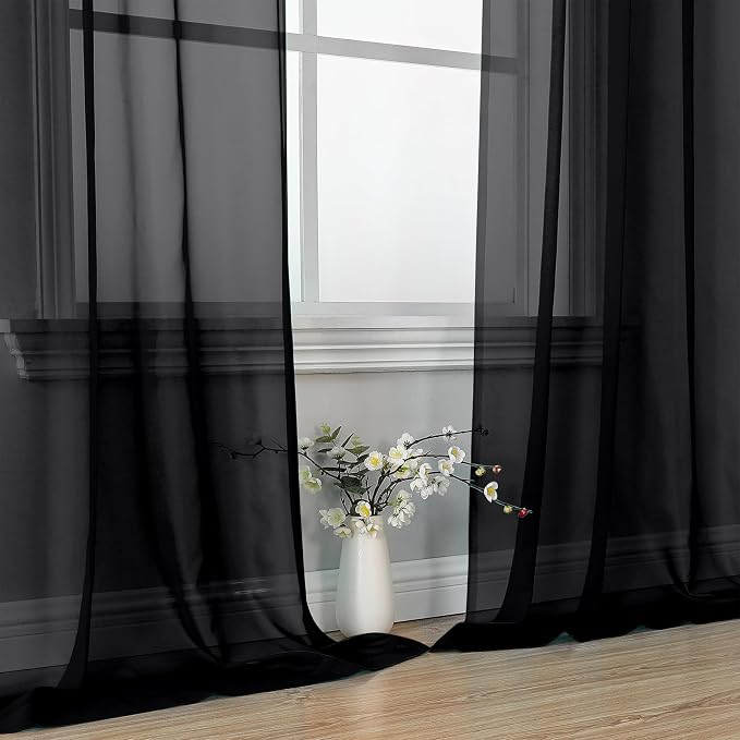 Black Sheer Curtains 84 Inches Long 2 Panel Sets, Solid Color Lightweight Voile - Image 6