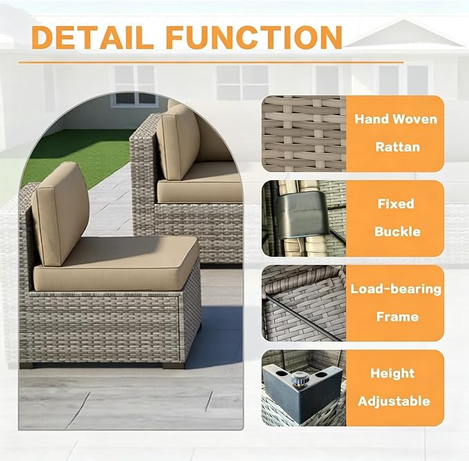 MOCHITO 7 Pieces Outdoor Patio Furniture Sets, All-Weather Sectional Sofa Grey - Image 6