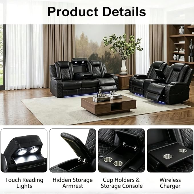 Power Recliner Sofa Set with LED Lights, Includes a Manual Loveseat and a 3 - Image 3