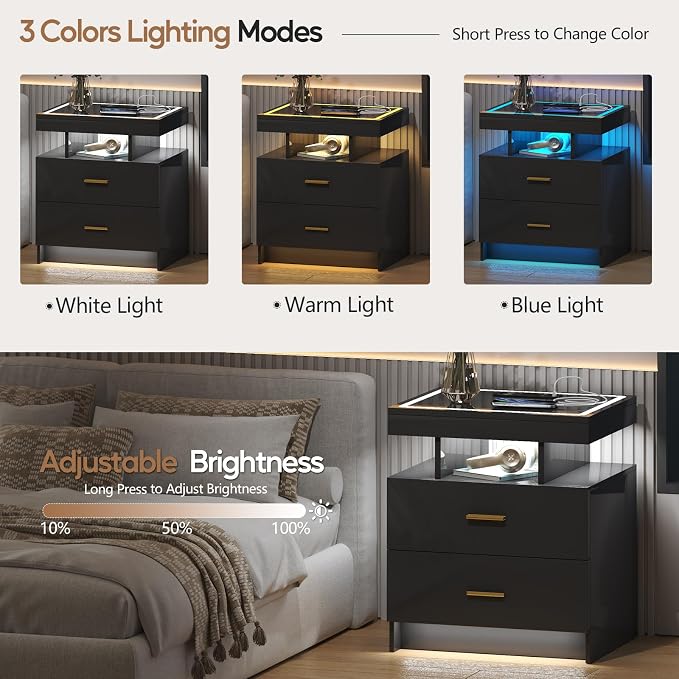 LED Nightstand with Wireless Charging Station, Glass Top Smart Bedside Table - Image 4