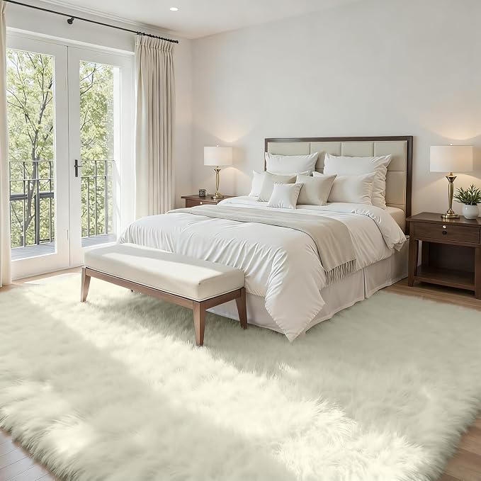 5x8 Fluffy Shag Area Rugs for Living Room Bedroom: Soft Carpet Cream White | - Image 2