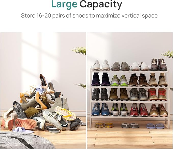 viewcare White 4-Tier Long Shoe Rack, Bamboo Wood - Image 5
