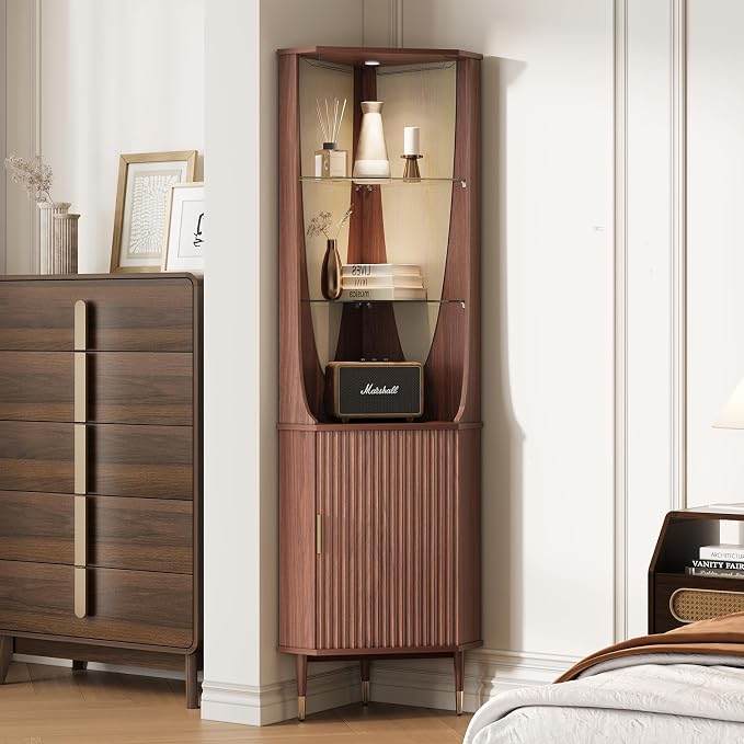 JOINICE 70" Tall Corner Bar Cabinet, Mid-Century Modern Fluted Storage Cabinet - Image 7