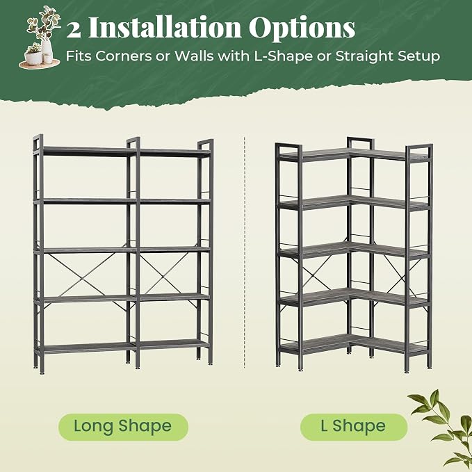 Huuger 5 Tier Bookshelf, L Shaped Corner Bookshelf - Image 7