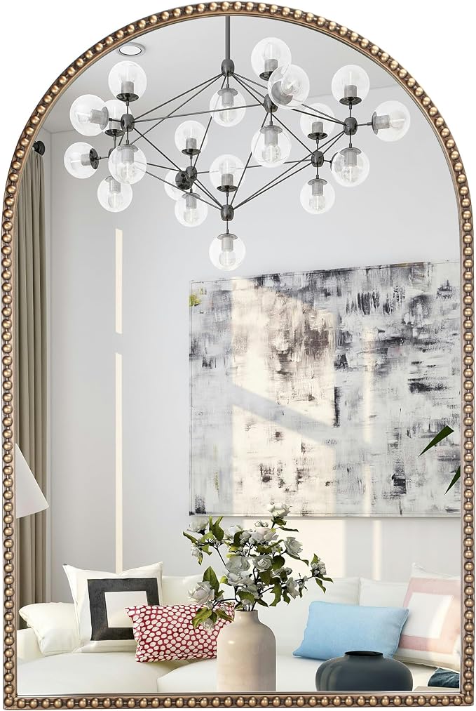 Antique Gold Arched Wall Mirror 20"x30", Ornate Beaded Metal Frame Bathroom by Wemily