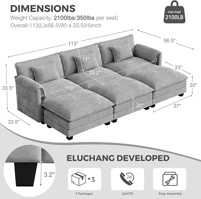 ELUCHANG Oversized 113" Modular Sectional Sofa, Comfy Deep Seat Cloud Couch - Image 2