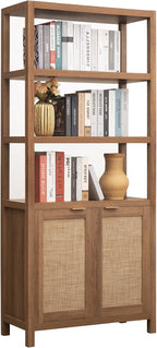SICOTAS Bookshelf 5 Tier Book Shelf Rattan Boho 71" Tall Bookcase by SICOTAS