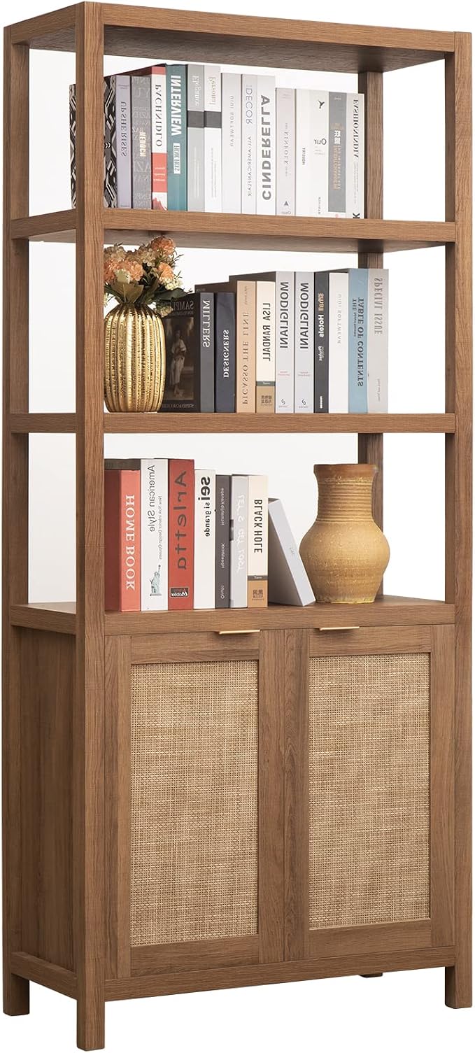 SICOTAS Bookshelf 5 Tier Book Shelf Rattan Boho 71" Tall Bookcase by SICOTAS
