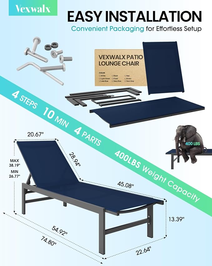 Vexwalx Outdoor Lounge Chair for Pool, Aluminum Chaise Lounge Chairs - Image 3