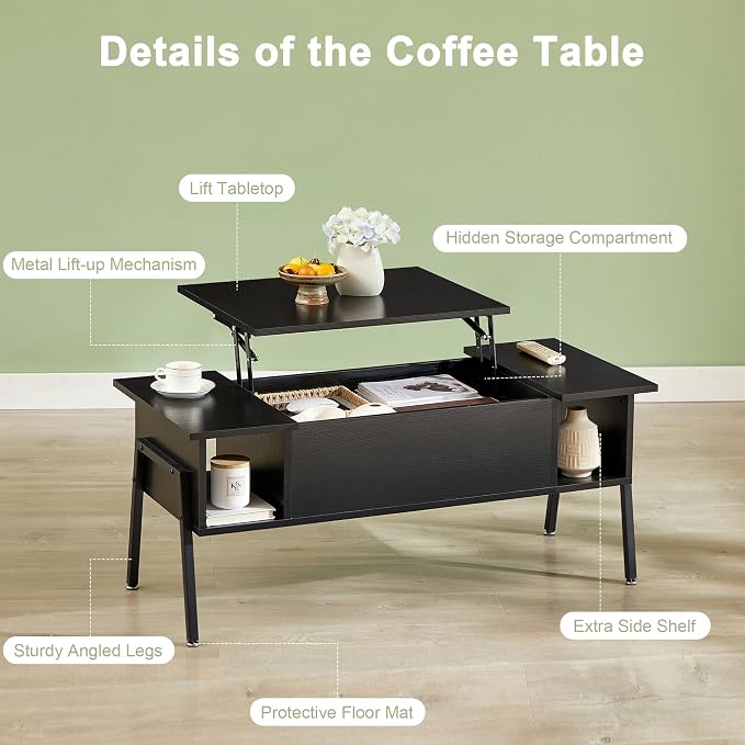 VECELO Wood Lift Top Coffee Table - Image 7