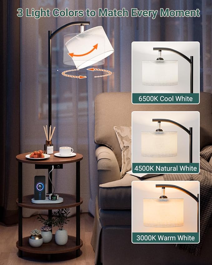 Round Side Table with Lamp and USB Ports, 3-Tier Small End Table - Image 4