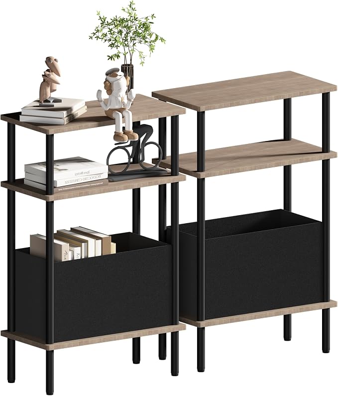 Narrow Side Table with Fabric Basket, Slim Nightstand with 3-Tier Storage Shelf by Unknown
