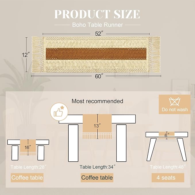 FEXIA Boho Table Runner 60 Inches Long Macrame Summer Decor Coffee Table Cover - Image 2
