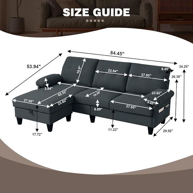 84" Convertible Sectional Sofa, Deep 3-Seater L Shaped Sectional Couch - Image 2