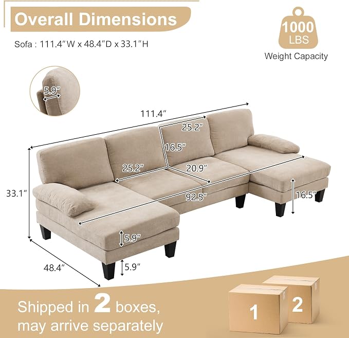 Karl home 111" Sectional Sofa U-Shaped 4-Seat Couch - Image 2