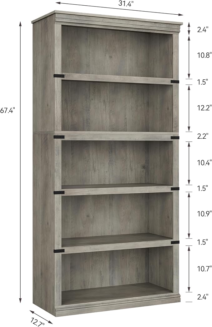 GarveeHome 5 Tier Farmhouse Bookcase, 67.4" Tall Book Shelf - Image 2