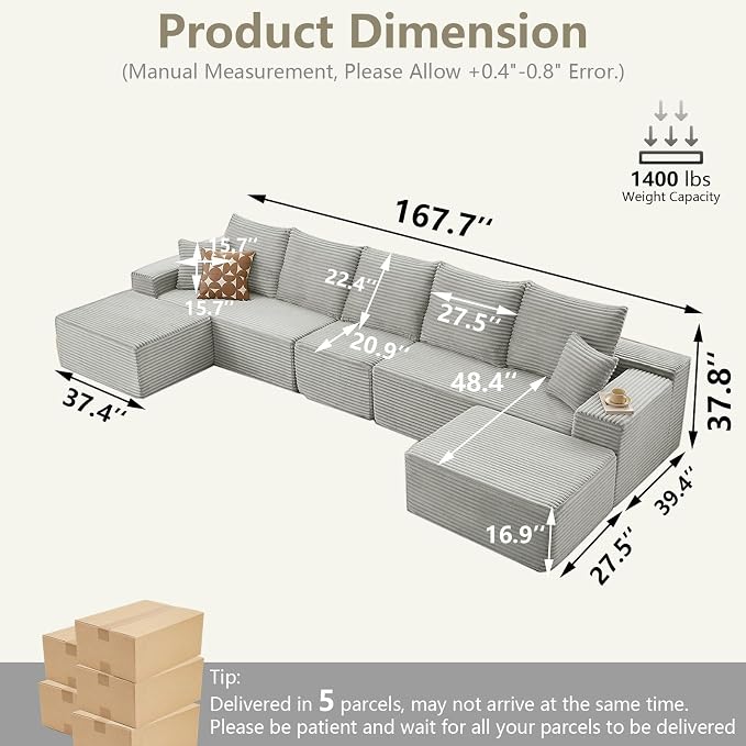 167.7" Sectional Cloud Couch for Living Room, Modular Floor Deep-Seat Sofa - Image 2