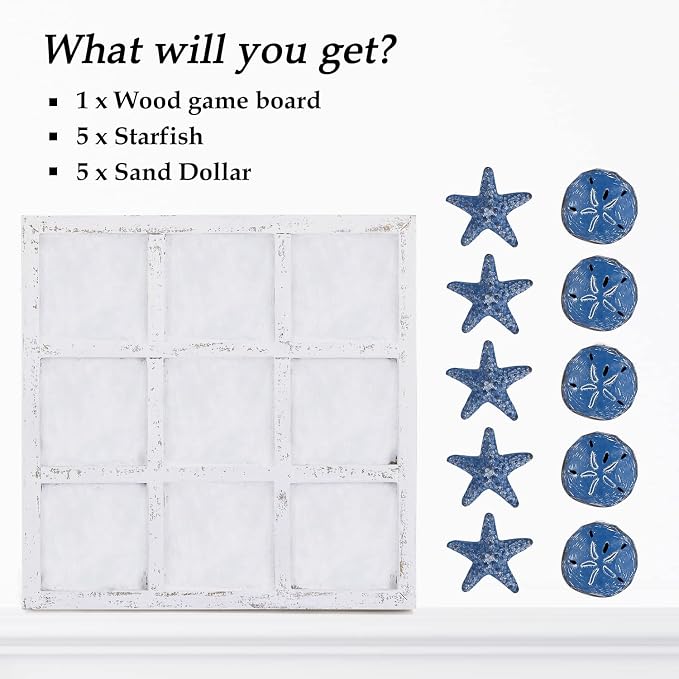 NIKKY HOME Beach Decor Tic Tac Toe 5 Sand Dollars & 5 Starfish Pieces Wood - Image 5