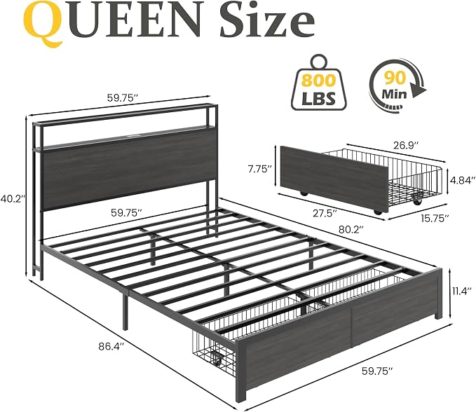 Lifezone Queen Bed Frame with 2-Tier Storage Headboard, Bedroom Metal Bed Frame - Image 2