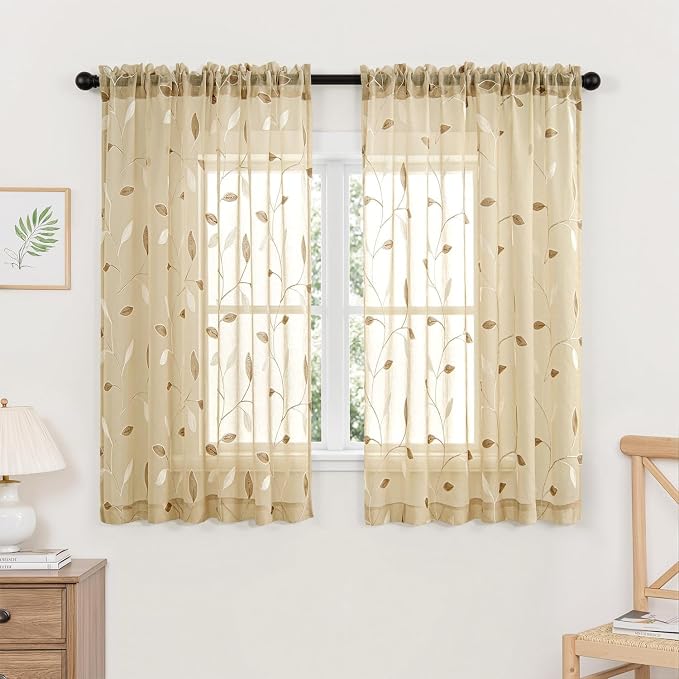 MIULEE Beige Sheer Curtains 2 Panels Embroidered Leaf Patterned, W52 x L54 | by MIULEE