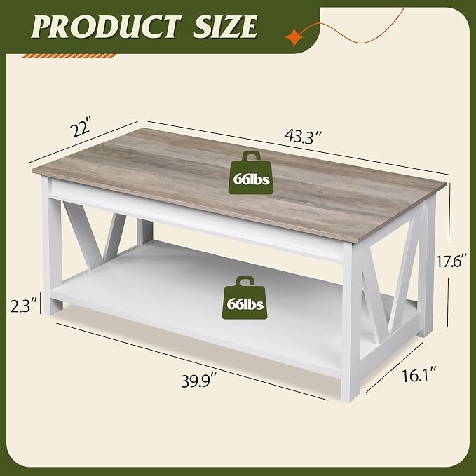 WLIVE Farmhouse Coffee Table, Modern Center Table - Image 3