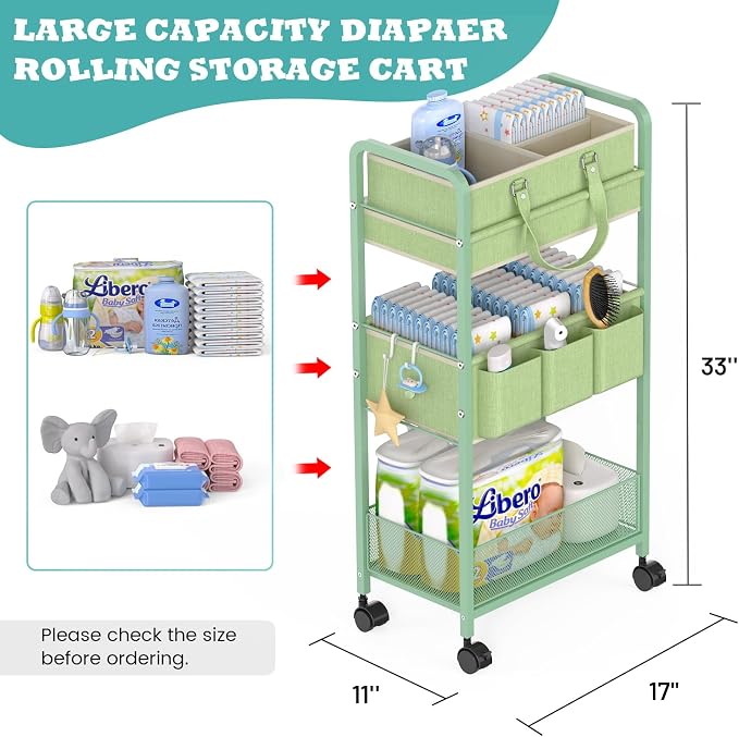 2in1 Baby Diaper Caddy Organizer Cart, 3-Tier Rolling Cart, Metal Diaper Caddy - Image 2