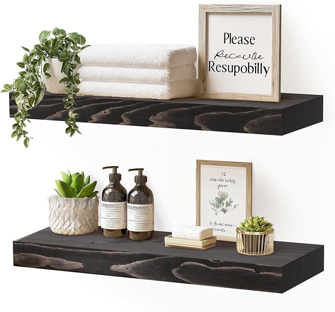 17x8x1.6 inch Floating Shelves Set of 2 – Solid Wood Rustic Black Wall Mounted by YLYHSST