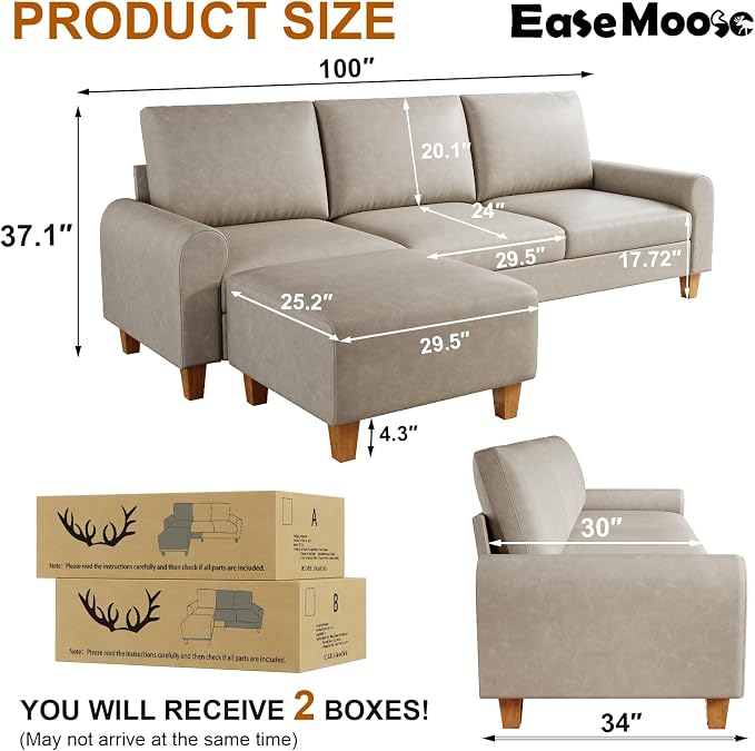 EASE MOOSE Large Seat Faux Leather L Shaped Sofa, Waterproof and - Image 2