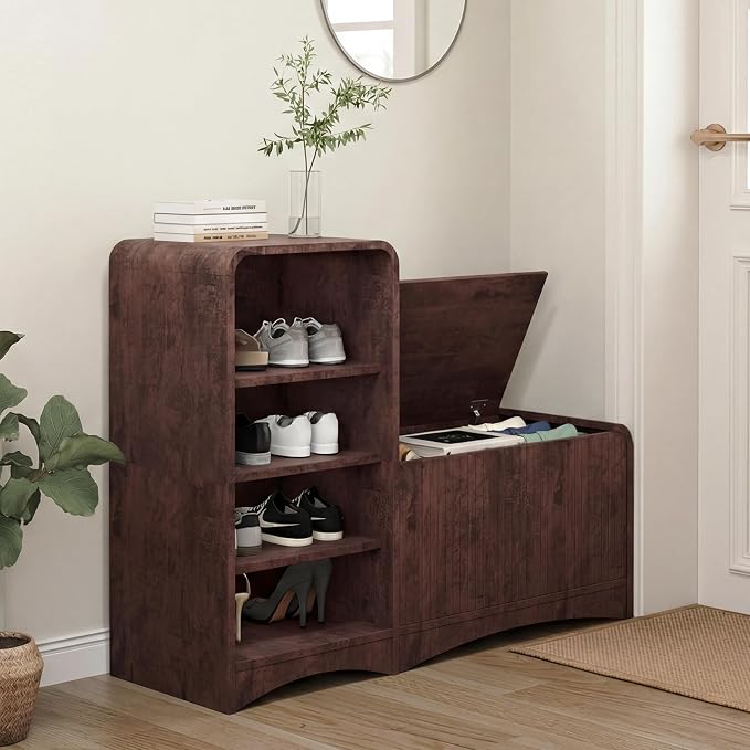 Shoe Cabinet with Bench, L-Shaped Shoe Storage Cabinet, Wood Tall Shoe Rack - Image 2