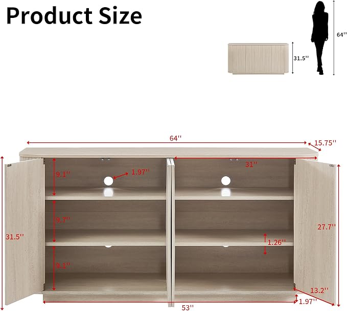 LKTART 64" Buffet Cabinet with Storage, Modern Fluted Accent Sideboard Media - Image 2