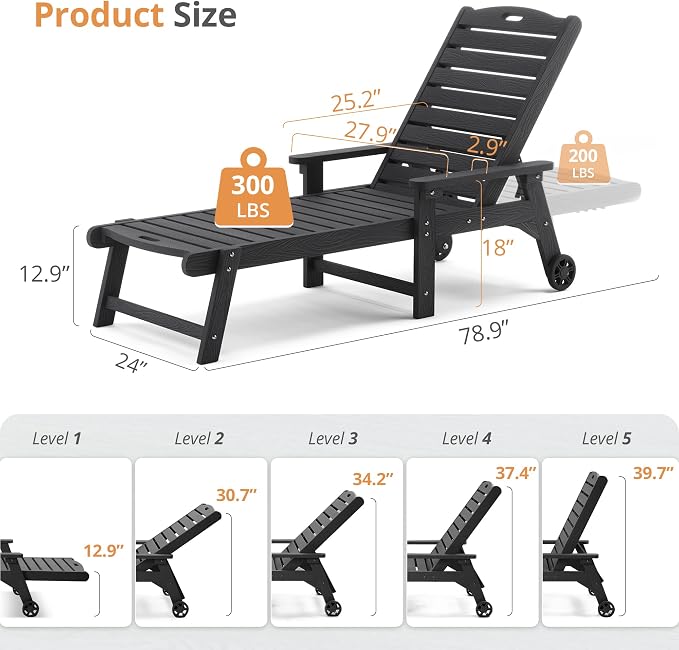 LUE BONA Lounge Chair Outdoor Set of 2, HDPS Chaise Lounge Outdoor - Image 7