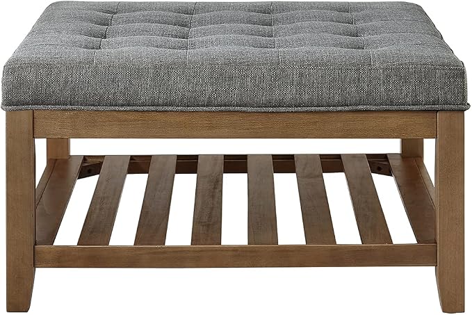 24KF Large Square Upholstered Tufted Linen Ottoman Coffee Table, Large Footrest - Image 3
