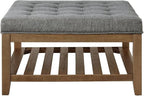 24KF Large Square Upholstered Tufted Linen Ottoman Coffee Table, Large Footrest - Image 3
