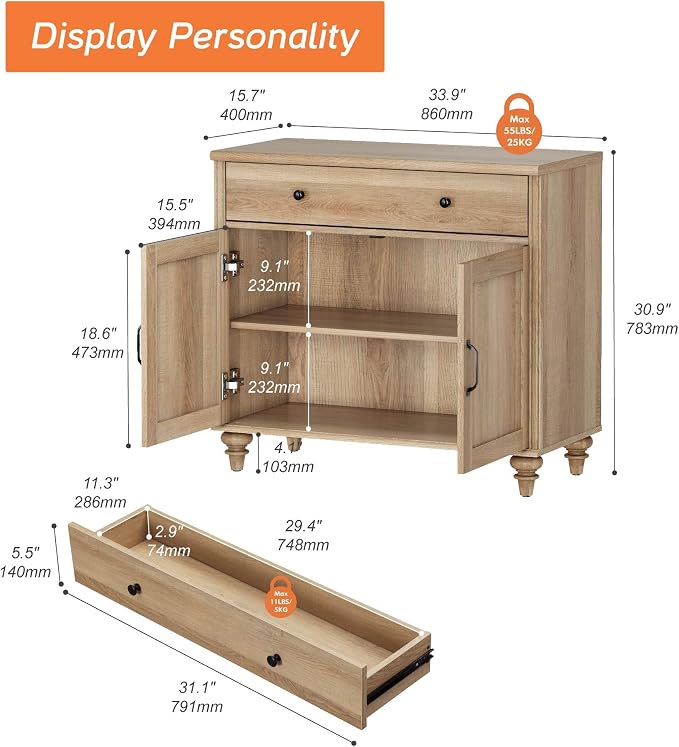 WAMPAT 34’‘ Oak Buffet Cabinet - Image 2