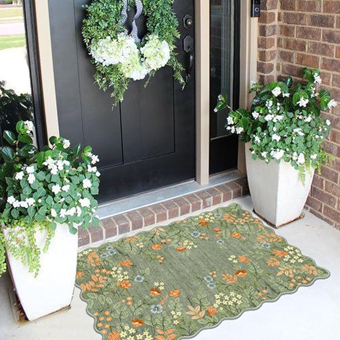Front Door Mat Indoor Outside Entrance, 2x3 Sage Green Floral Rug | Non-Slip - Image 4