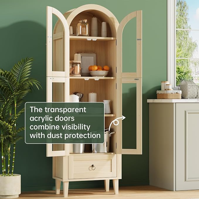 71" Tall Arched Cabinet with Acrylic Door, Modern Curio Arched Bookcase W/Drawer - Image 5