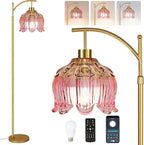 QIYIZM Pink Floor Lamp for Living Room, Glass Gold Dimmable Standing Lamp by QIYIZM
