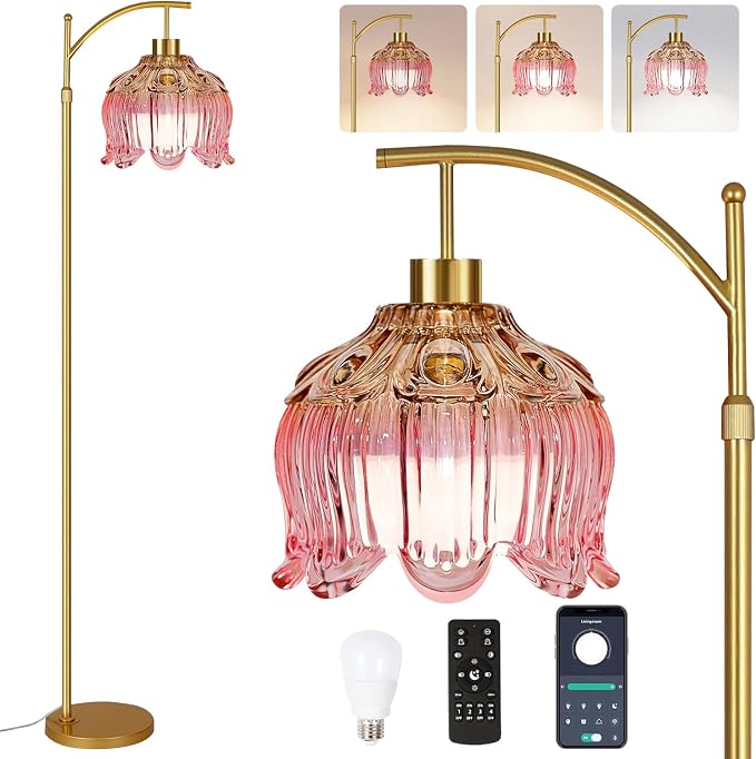 QIYIZM Pink Floor Lamp for Living Room, Glass Gold Dimmable Standing Lamp by QIYIZM