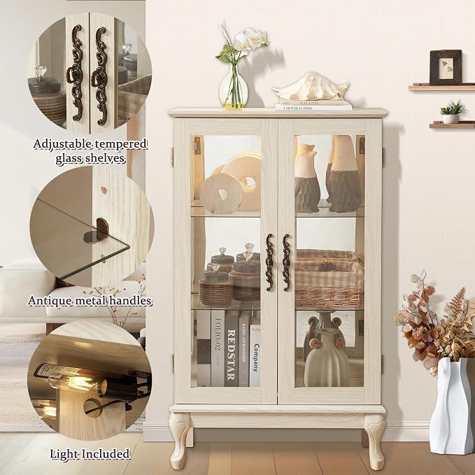 Curio Display Cabinet with Lighted, Glass Back, Vintage Accent, Corner China - Image 3