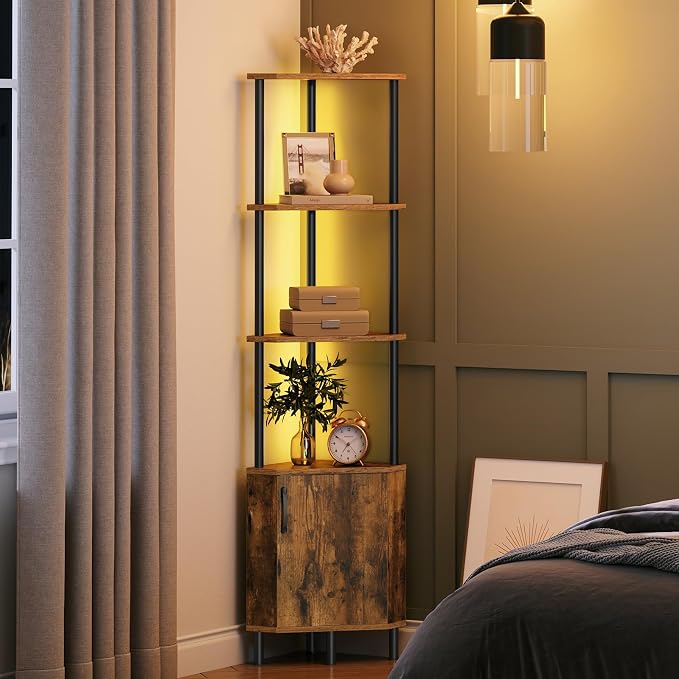 HOOBRO Corner Cabinet with LED Light, Corner Shelf Stand with Storage and Doors - Image 9