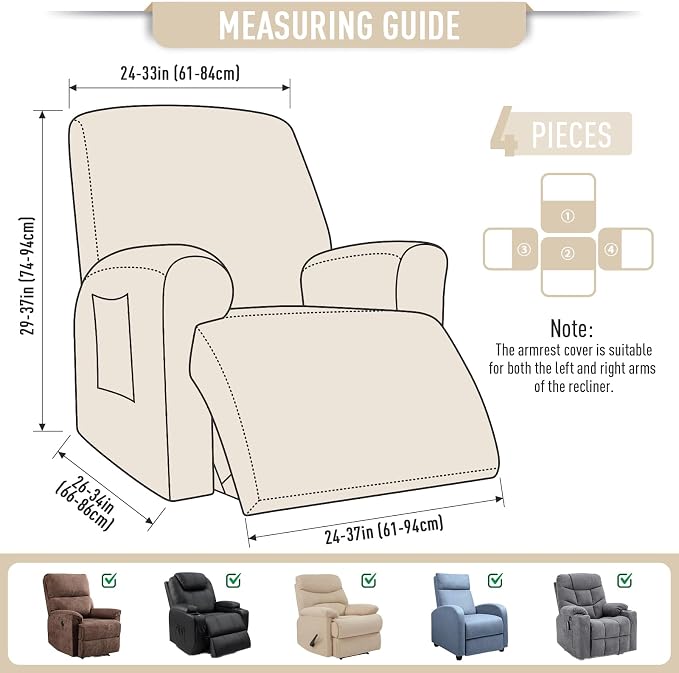 TAOCOCO Recliner Cover 4-Pieces, Recliner Stretch Sofa Slipcover, Recliner - Image 6