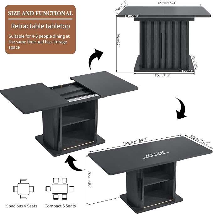 Extendable Black Dining Table for 4-6, 47-65 Inch Rectangle Dining Room Kitchen - Image 2