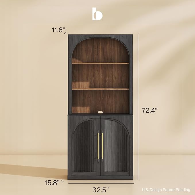 BELLEZE Storage Cabinet with Hutch Set of 2, Curved Styling Door Cabinet Curio - Image 2