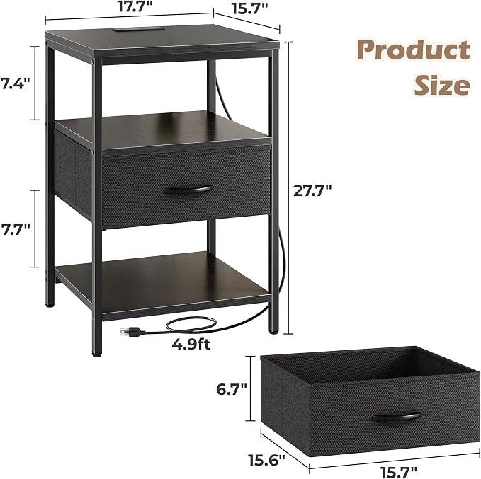 SUPERJARE Night Stand with Charger Station, 27.7 Inch Tall Nightstand with - Image 3