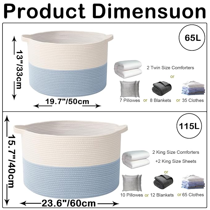 115L Extra Large Woven Cotton Rope Blanket Basket - Image 2