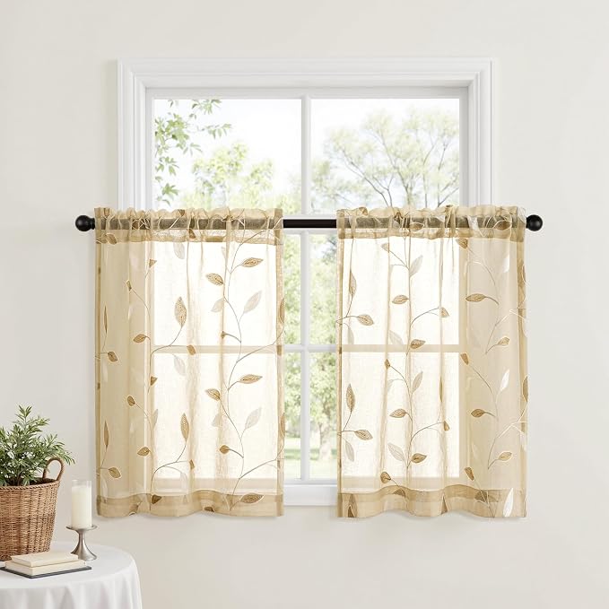 MIULEE Beige Sheer 30x36 Inches Length 2 Panels Embroidered Leaf Patterned | - Image 2